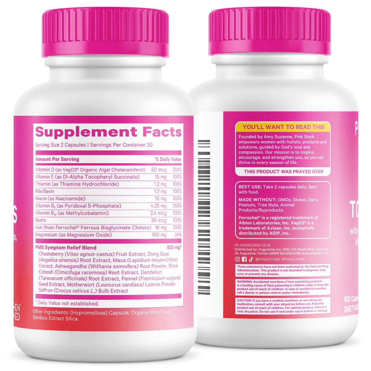 Pink Stork PMS Supplement for Women - Vitex, Ashwagandha, Maca Root & 10 Vitamins & Minerals to Support Hormone Balance, Mood, Bloating, Period Regularity - 60 Capsules - Maple Wellness Supplements
