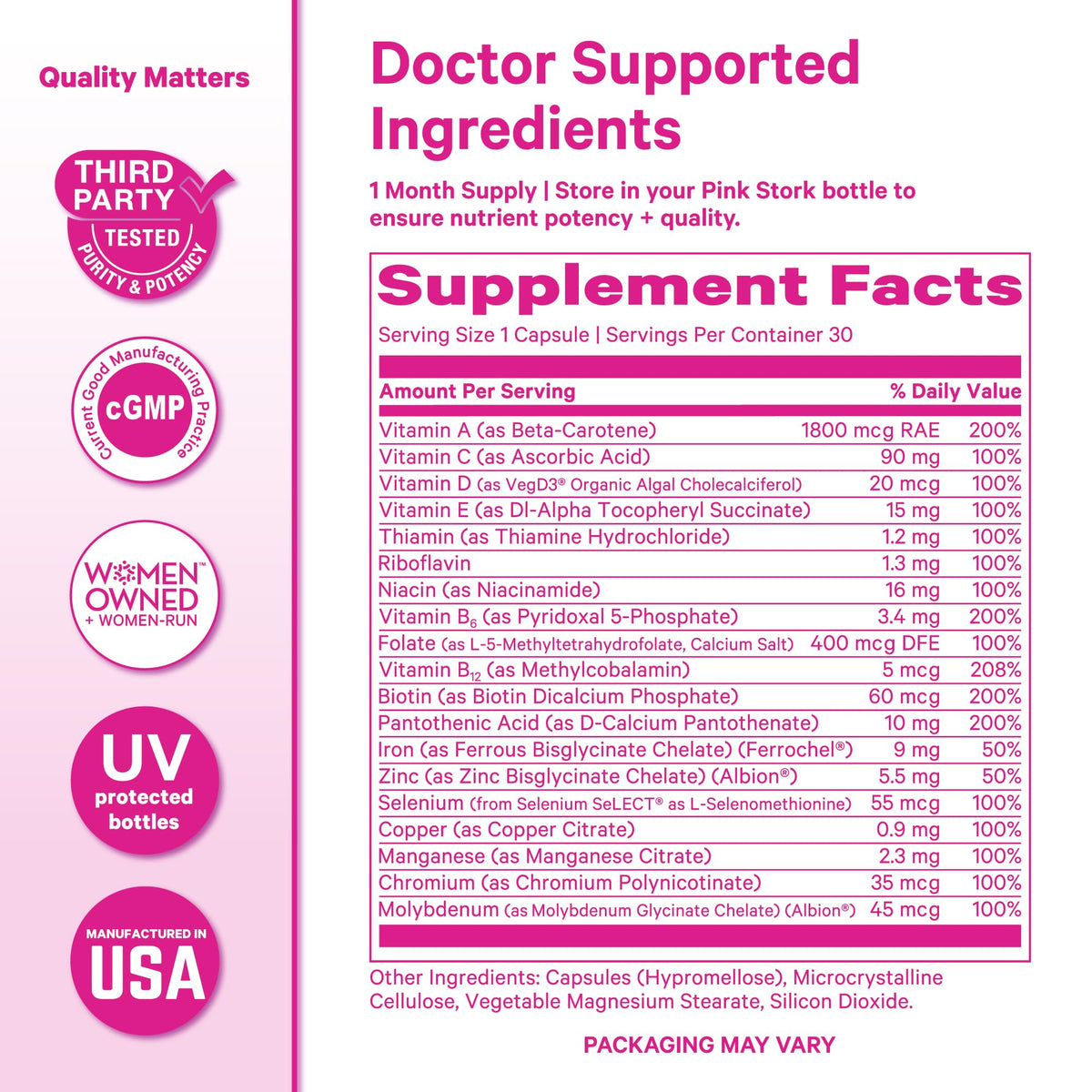 Pink Stork Total Women's Multivitamin - 19 Essential Vitamins for Women & Nutrients – Energy, Metabolism, Hormone, Immune & Mood Support – B6, B12, Biotin, Iron & Zinc – 30 Capsules - Maple Wellness Supplements