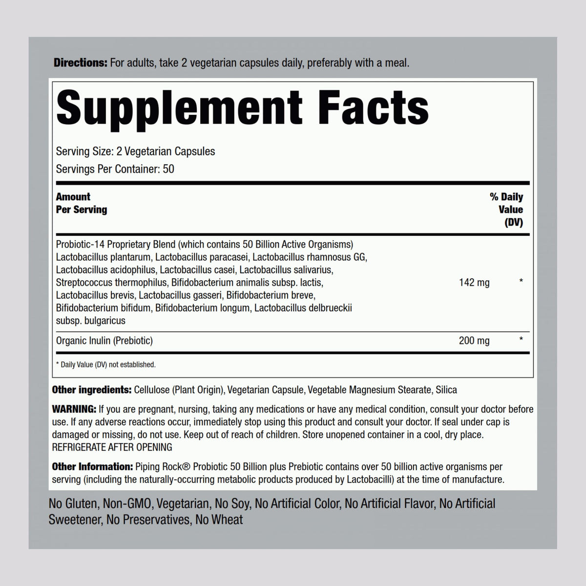 Piping Rock Probiotic and Prebiotic for Women and Men | 50 Billion CFU | 100 Capsules | Ultimate 14 Strain Supplement | Vegetarian, Non-GMO, Gluten Free - Maple Wellness Supplements
