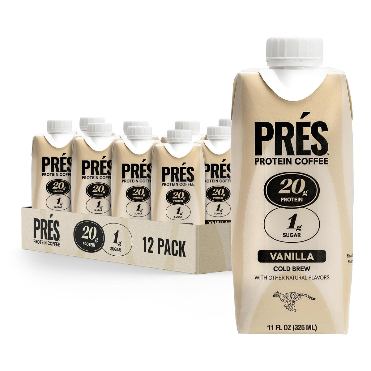 Prés, Protein Coffee, Vanilla, High Protein, Real Cold Brew, 20g Protein, 1g Sugar, 100 Calories, No Added Sugar, Coffee, Protein, Kosher, Soy Free, Nut Free, Non-GMO, Low Carb (12 Pack) - Maple Wellness Supplements