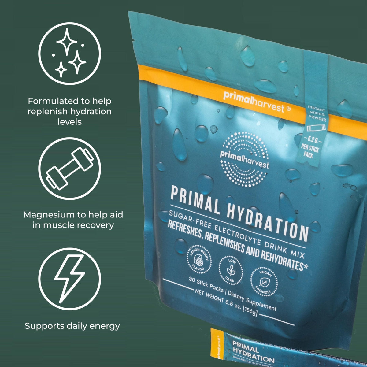 Primal Harvest Electrolytes Powder Packets Primal Hydration, Easy Open Packets, Energy Drink Mix (Lemon Berry, 30 Packs) (1 Bag) - Maple Wellness Supplements