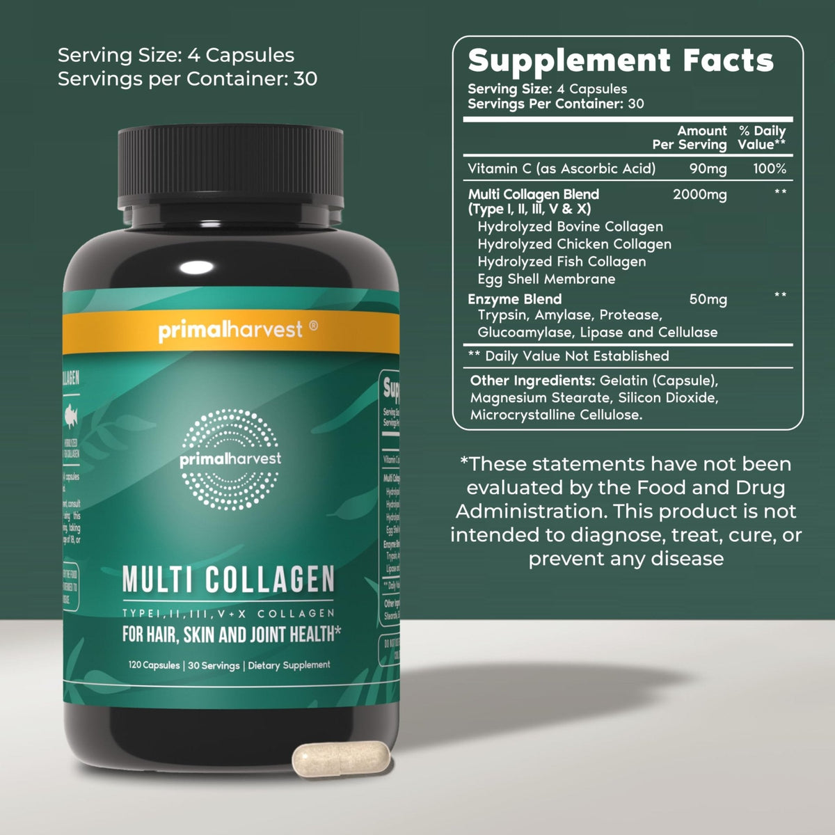 Primal Harvest Multi Collagen Pills for Women and Men (Type I, II, III, V, X) 120 Capsules w/Vitamin C for Hair, Skin, Nails - Maple Wellness Supplements