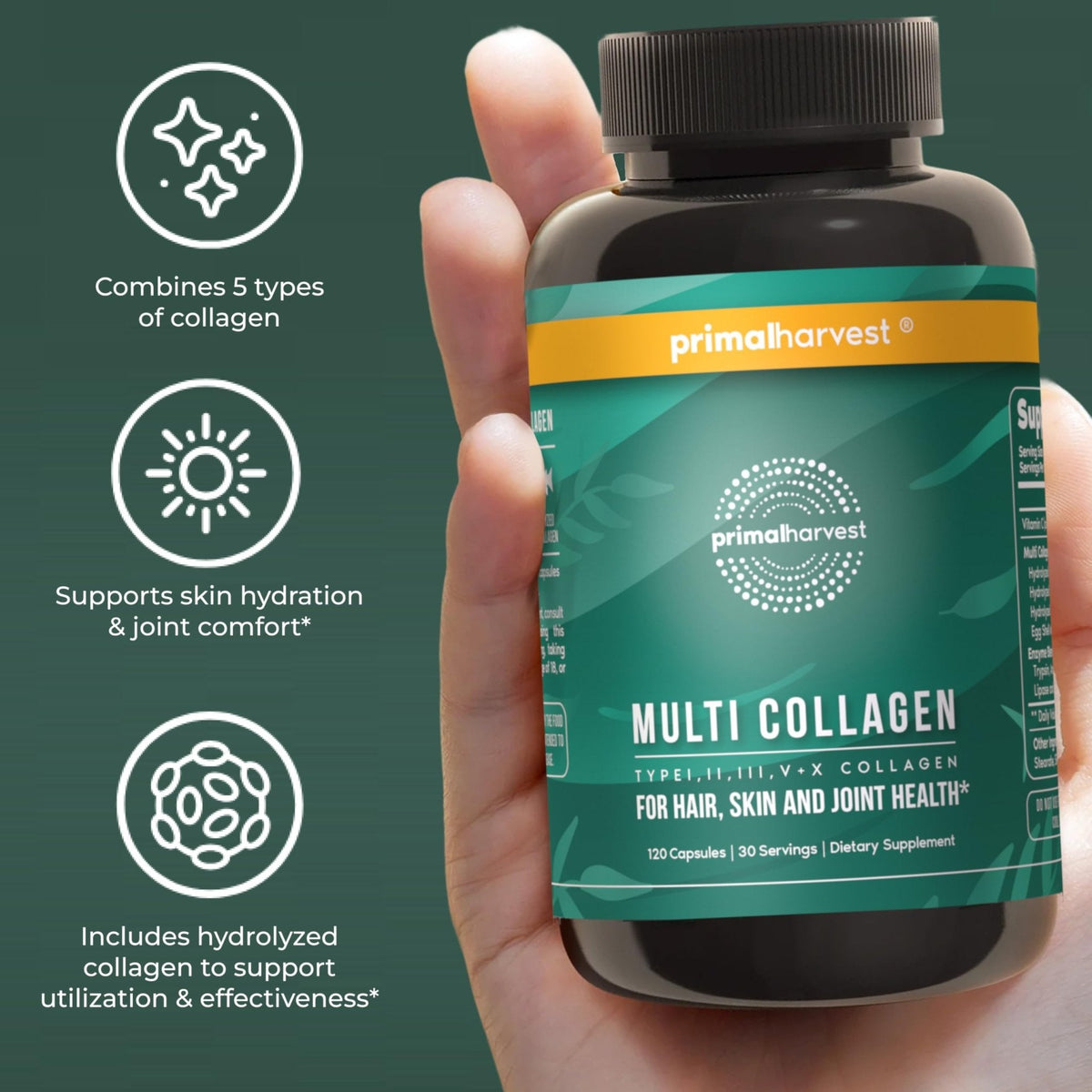 Primal Harvest Multi Collagen Pills for Women and Men (Type I, II, III, V, X) 120 Capsules w/Vitamin C for Hair, Skin, Nails - Maple Wellness Supplements