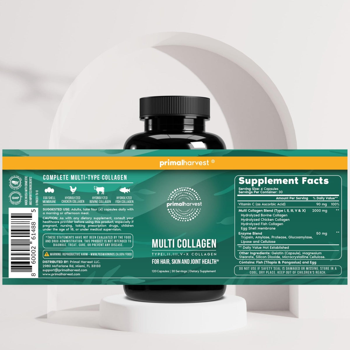 Primal Harvest Multi Collagen Pills for Women and Men (Type I, II, III, V, X) 120 Capsules w/Vitamin C for Hair, Skin, Nails - Maple Wellness Supplements