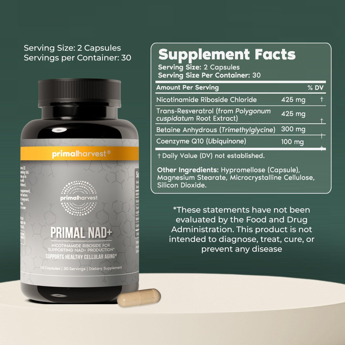 Primal Harvest NAD+ Supplement: Nicotinamide Riboside, Trans-Resveratrol, Betaine, CoQ10, NAD Supplements for Cellular Health, Energy, and Mitochondrial Support - Maple Wellness Supplements