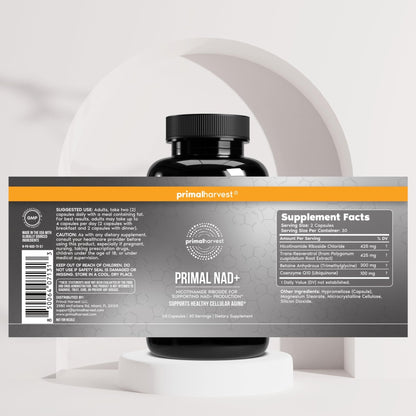 Primal Harvest NAD+ Supplement: Nicotinamide Riboside, Trans-Resveratrol, Betaine, CoQ10, NAD Supplements for Cellular Health, Energy, and Mitochondrial Support (60 Count (1 Pack) - Maple Wellness Supplements