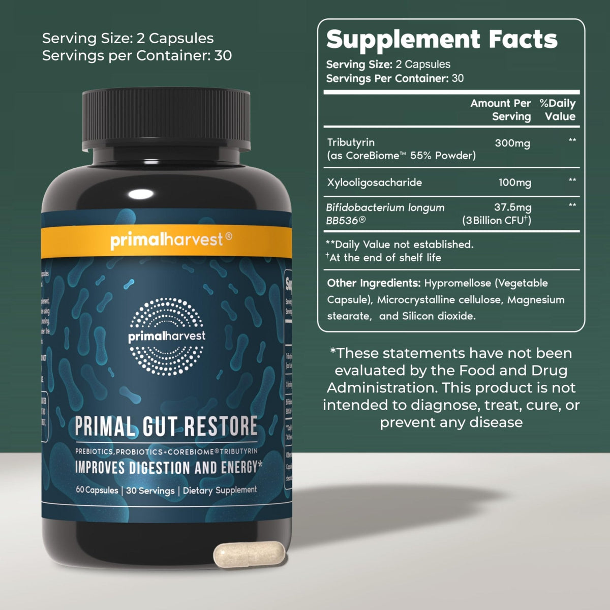Primal Harvest Restore for Gut Health, Primal Gut Restore w/POSTbiotics, PREbiotics and PRObiotics for Women and Men, 60 CT - Digestion, Colon Cleanse, - Maple Wellness Supplements
