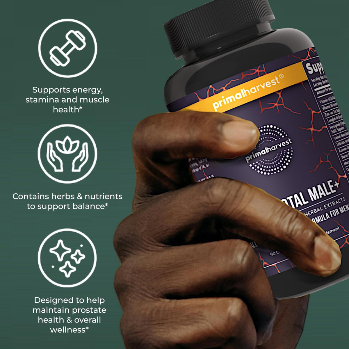 Primal Harvest Total Male+ Multivitamin for Men Vitamins, Minerals and Herbal Support for Energy, Vitality, Immune Health and Performance (1 Pack (90 Count)) - Maple Wellness Supplements