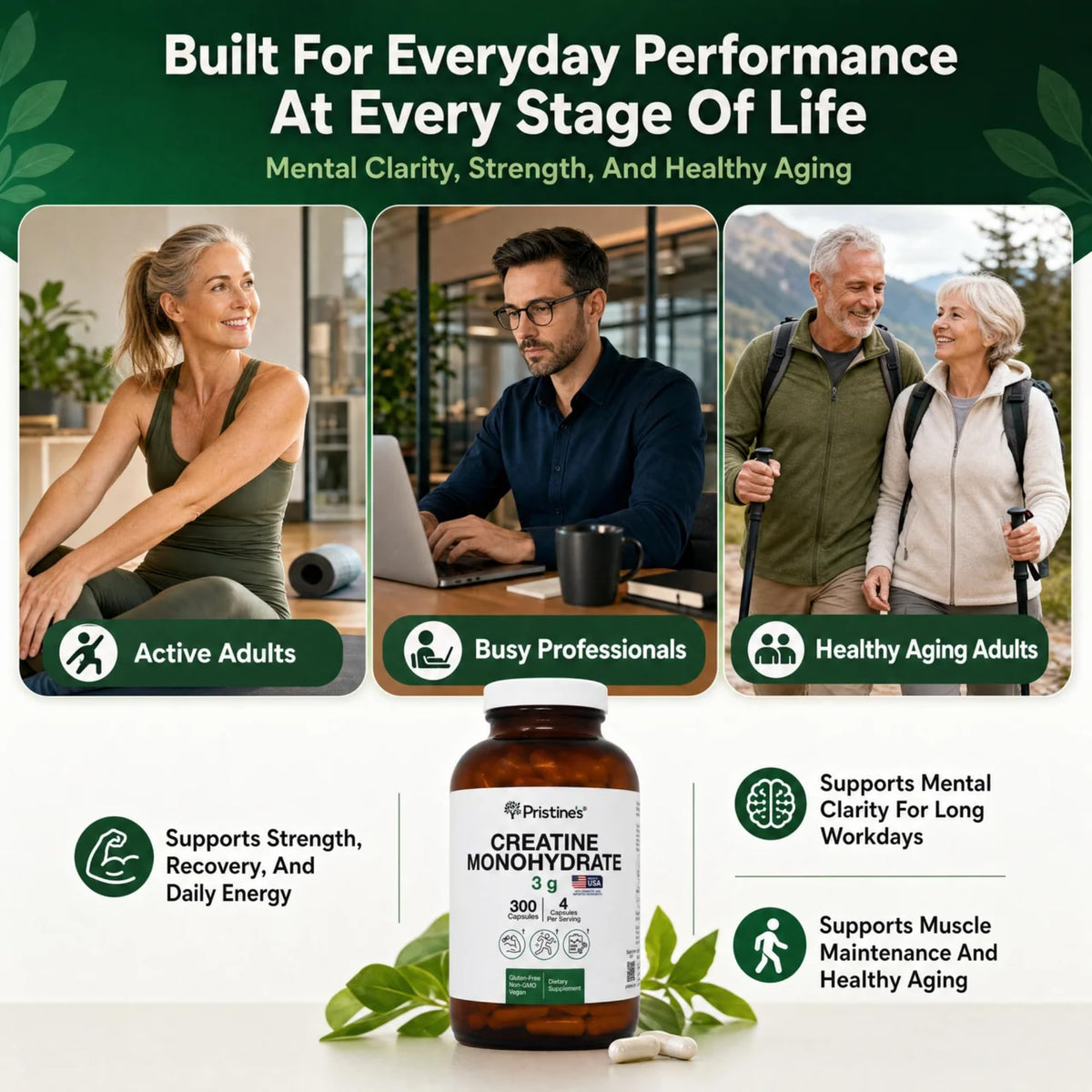 PRISTINE'S Creatine Monohydrate Capsules for Women & Men - NSF Certified 75 Day Supply 3G Creatine Pills for Women - Cognitive & Athletic Performance Support - Maple Wellness Supplements