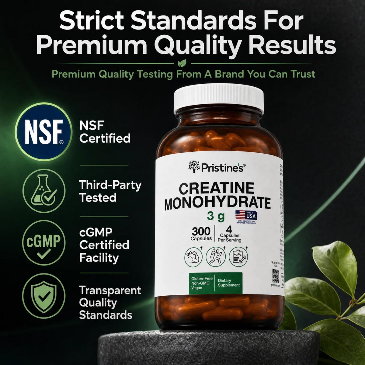 PRISTINE'S Creatine Monohydrate Capsules for Women & Men - NSF Certified 75 Day Supply 3G Creatine Pills for Women - Cognitive & Athletic Performance Support - Maple Wellness Supplements