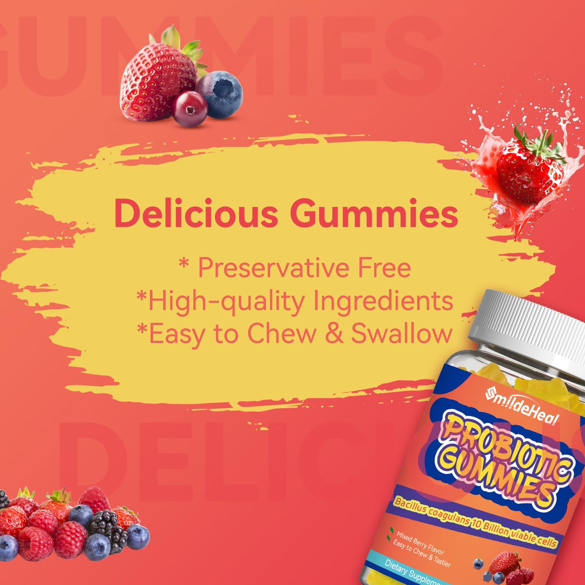 Probiotic Gummies for Digestive Health - 10 Billion CFU Bacillus Coagulans - Vegan & Non-GMO - Immune & Digestive Support for Men & Women - Strawberry & Mixed Berry Flavor - Maple Wellness Supplements