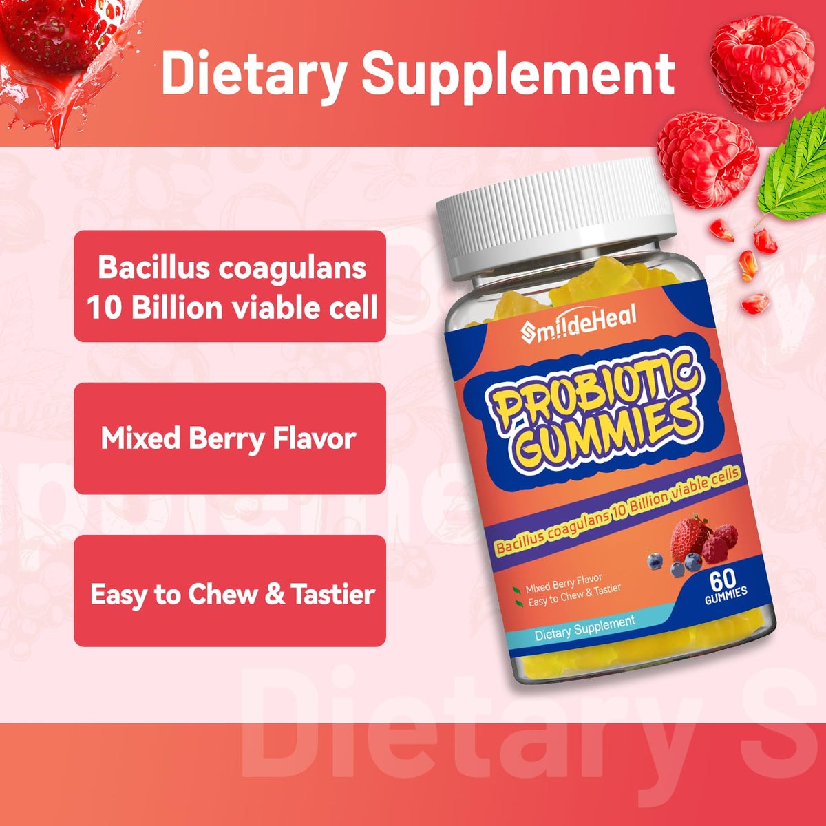 Probiotic Gummies for Digestive Health - 10 Billion CFU Bacillus Coagulans - Vegan & Non-GMO - Immune & Digestive Support for Men & Women - Strawberry & Mixed Berry Flavor - Maple Wellness Supplements