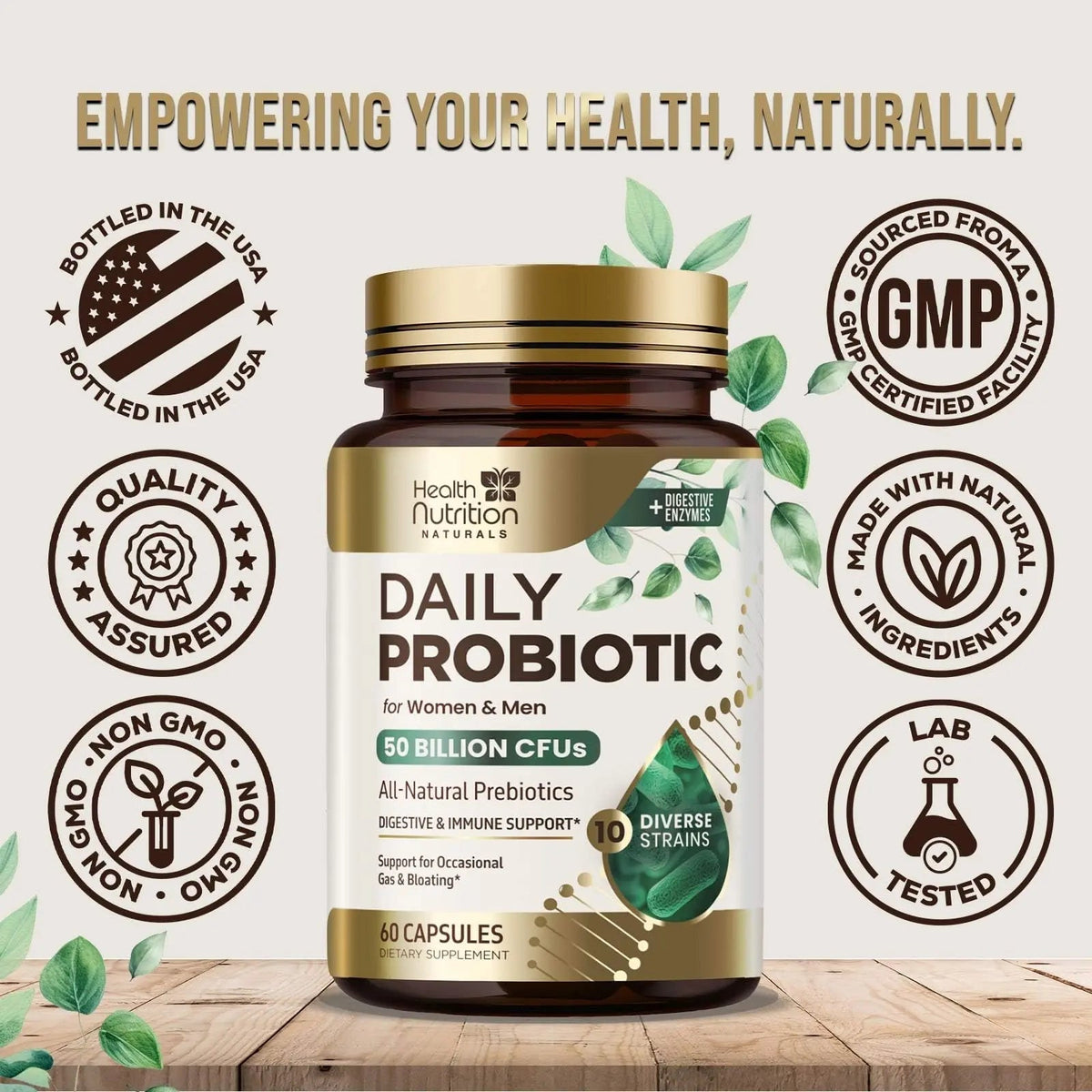 Probiotics 50 Billion CFU per Serving - 10 Strains + Prebiotics - Digestive Health, Gut & Immune Support - Occasional Constipation, Gas & Bloating Support for Women & Men, Bottled USA - 60 Capsules - Maple Wellness Supplements
