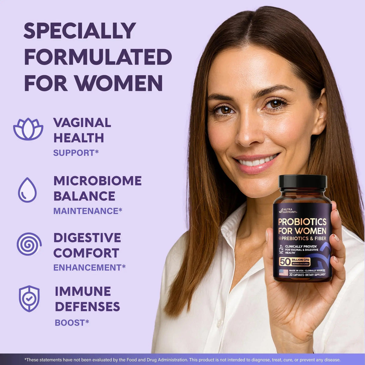 Probiotics for Women 50 Billion CFU - Vaginal Probiotics Clinically Proven for Yeast & pH Balance - Digestion & Bloating Relief - 8 Strains + Prebiotics - Delay Release - Made in USA, 30 Capsules - Maple Wellness Supplements