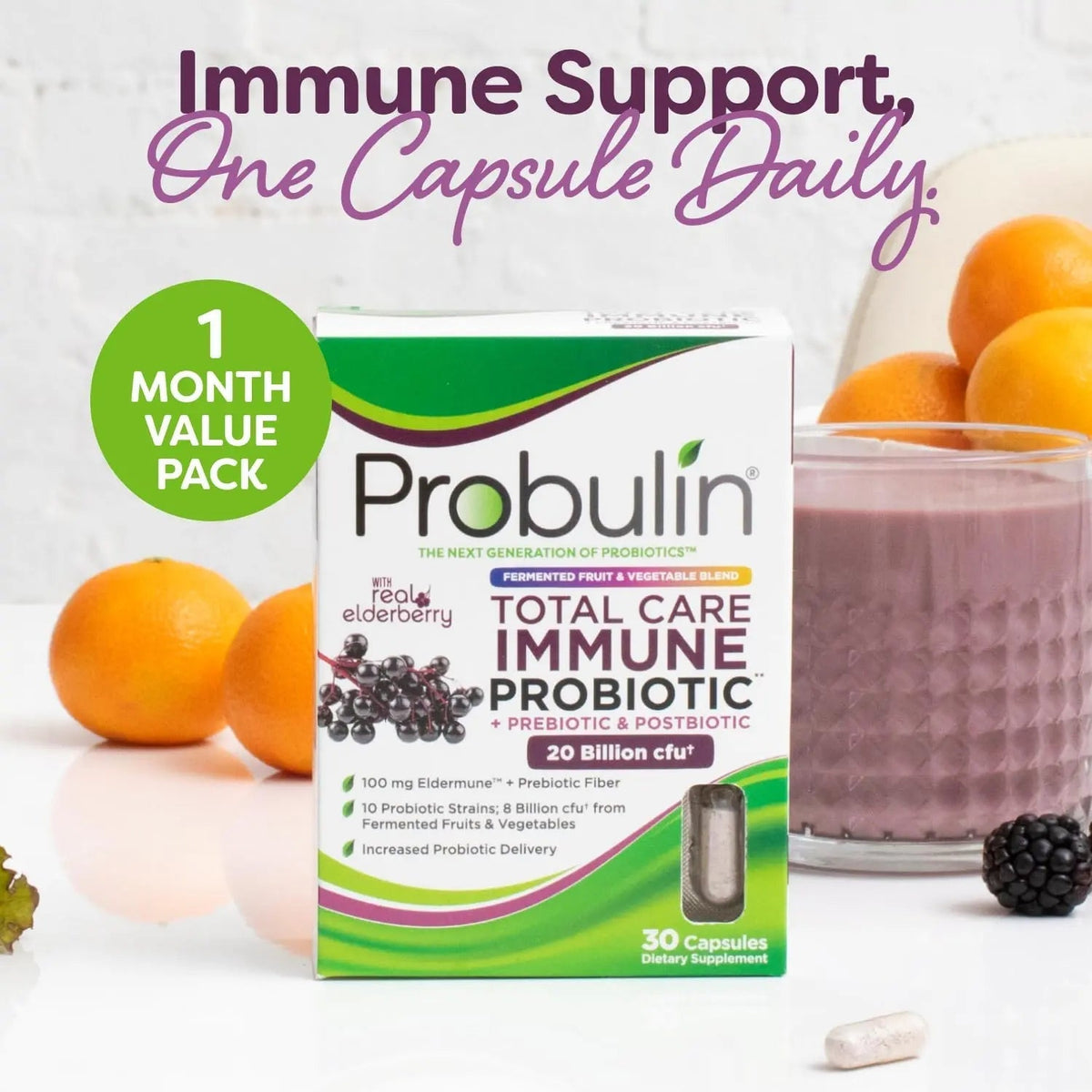 Probulin Total Care Immune = Prebiotics + Probiotics + Postbiotics + Elderberry to Support Immune & Gut Health - 20 Billion CFU - 10 Probiotic Strains, 30 Vegan Capsules - Maple Wellness Supplements