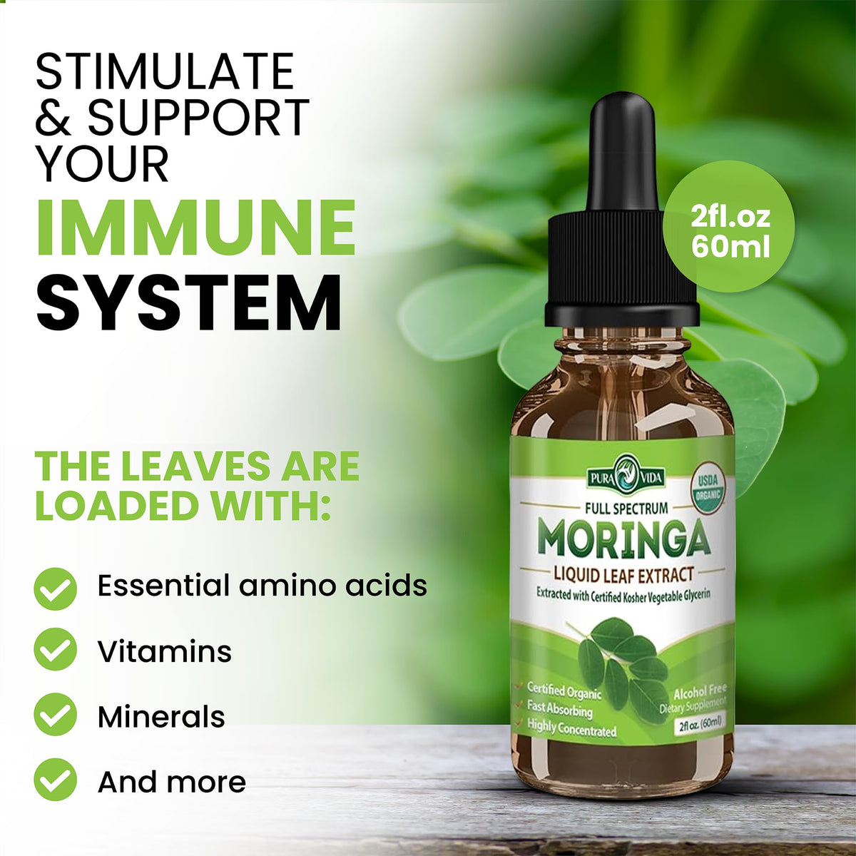 PURA VIDA MORINGA Leaf Extract Liquid Drops - USDA Organic Certified - Highly Purified, Bioavailable & Faster Absorption than Moringa Powder or Capsules - Maple Wellness Supplements