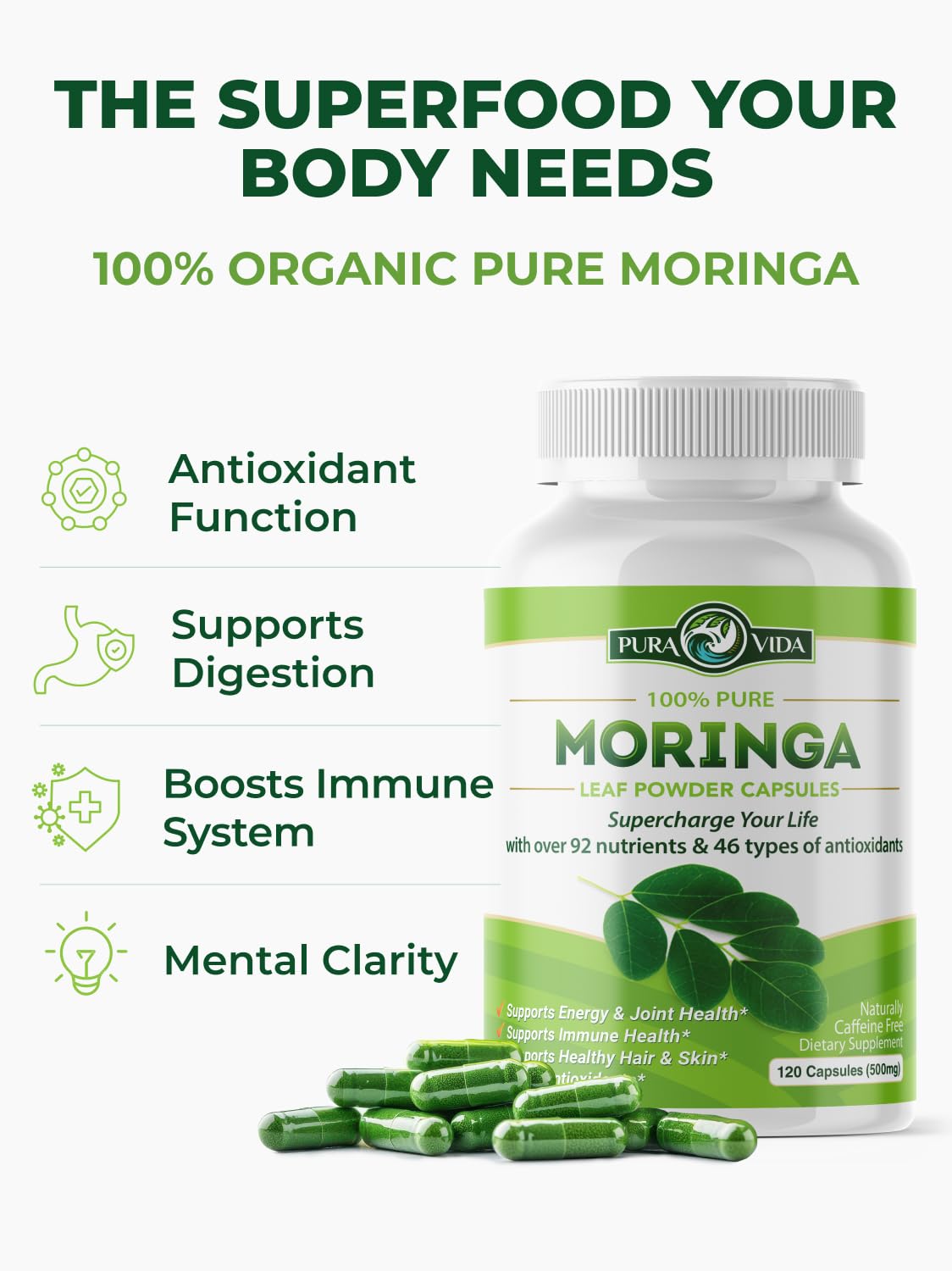 PURA VIDA MORINGA Organic Moringa Capsules, Pure Moringa Leaf Powder Single Origin for Energy, Metabolism & Immune Support - Maple Wellness Supplements