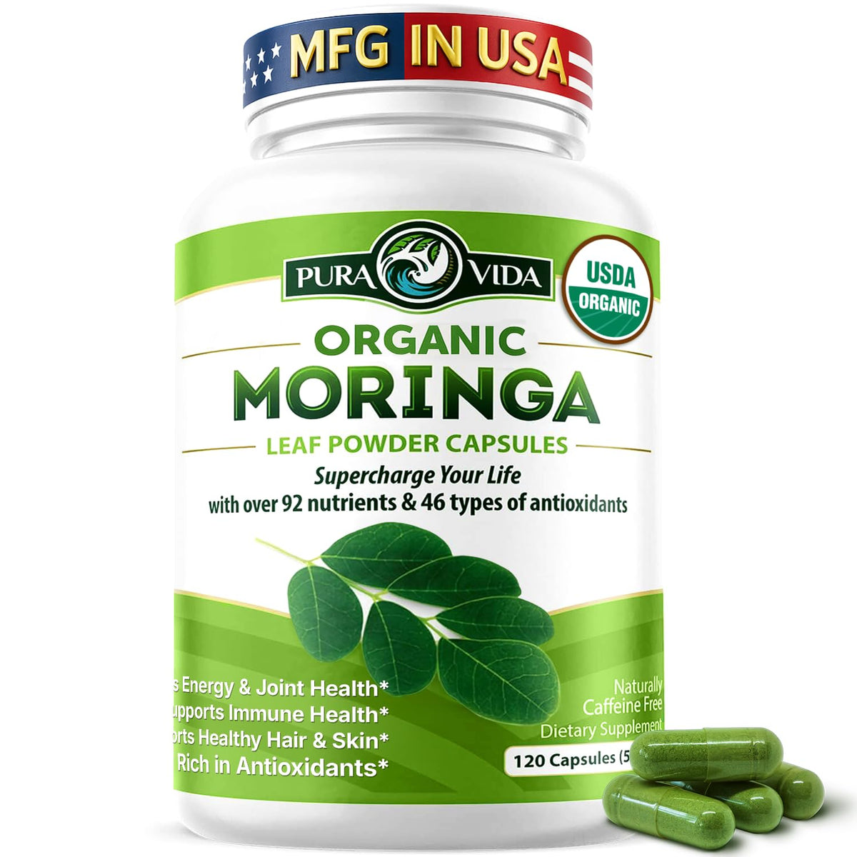 PURA VIDA MORINGA Organic Moringa Capsules, Pure Moringa Leaf Powder Single Origin for Energy, Metabolism & Immune Support - Maple Wellness Supplements