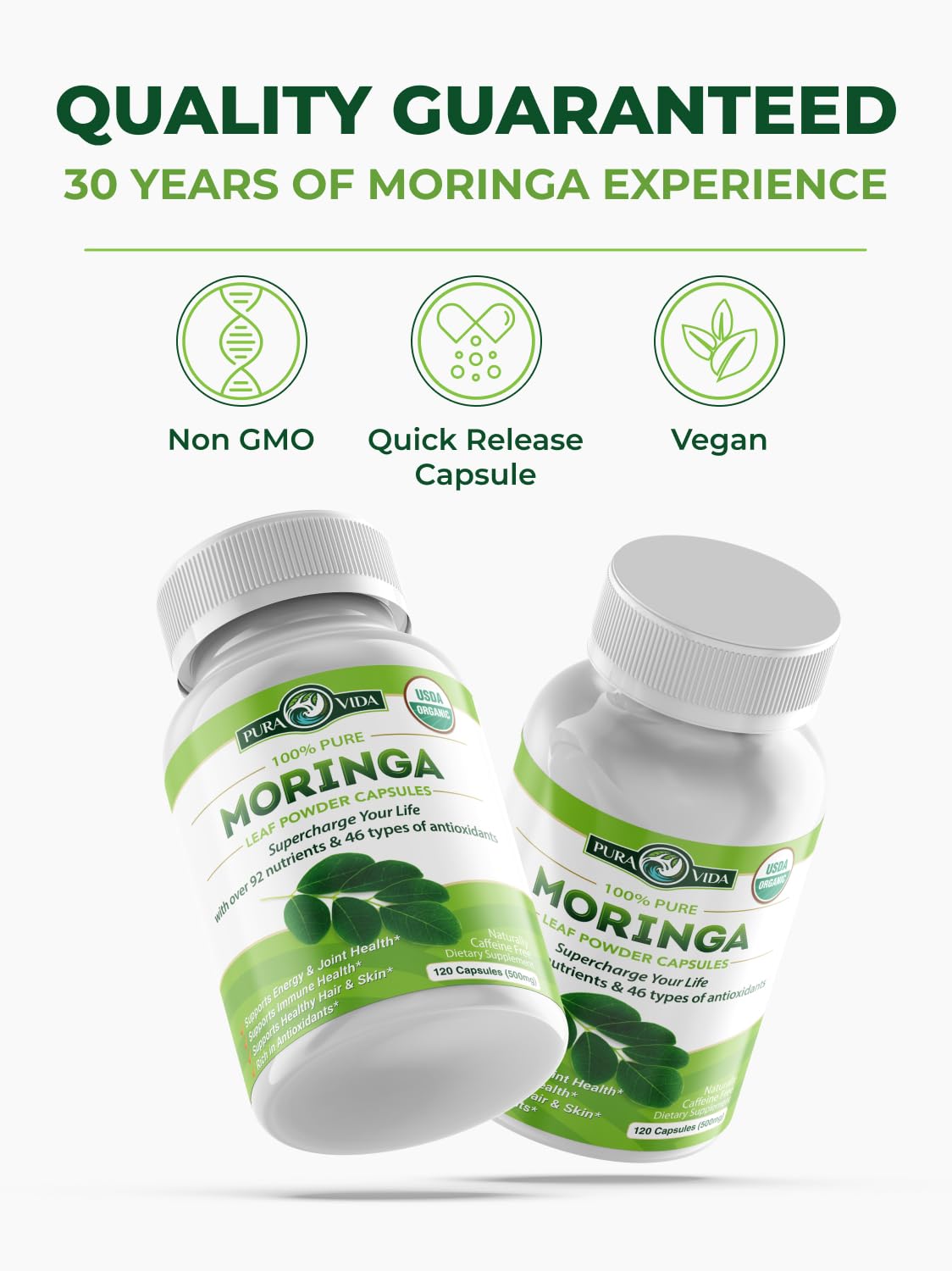 PURA VIDA MORINGA Organic Moringa Capsules, Pure Moringa Leaf Powder Single Origin for Energy, Metabolism & Immune Support - Maple Wellness Supplements