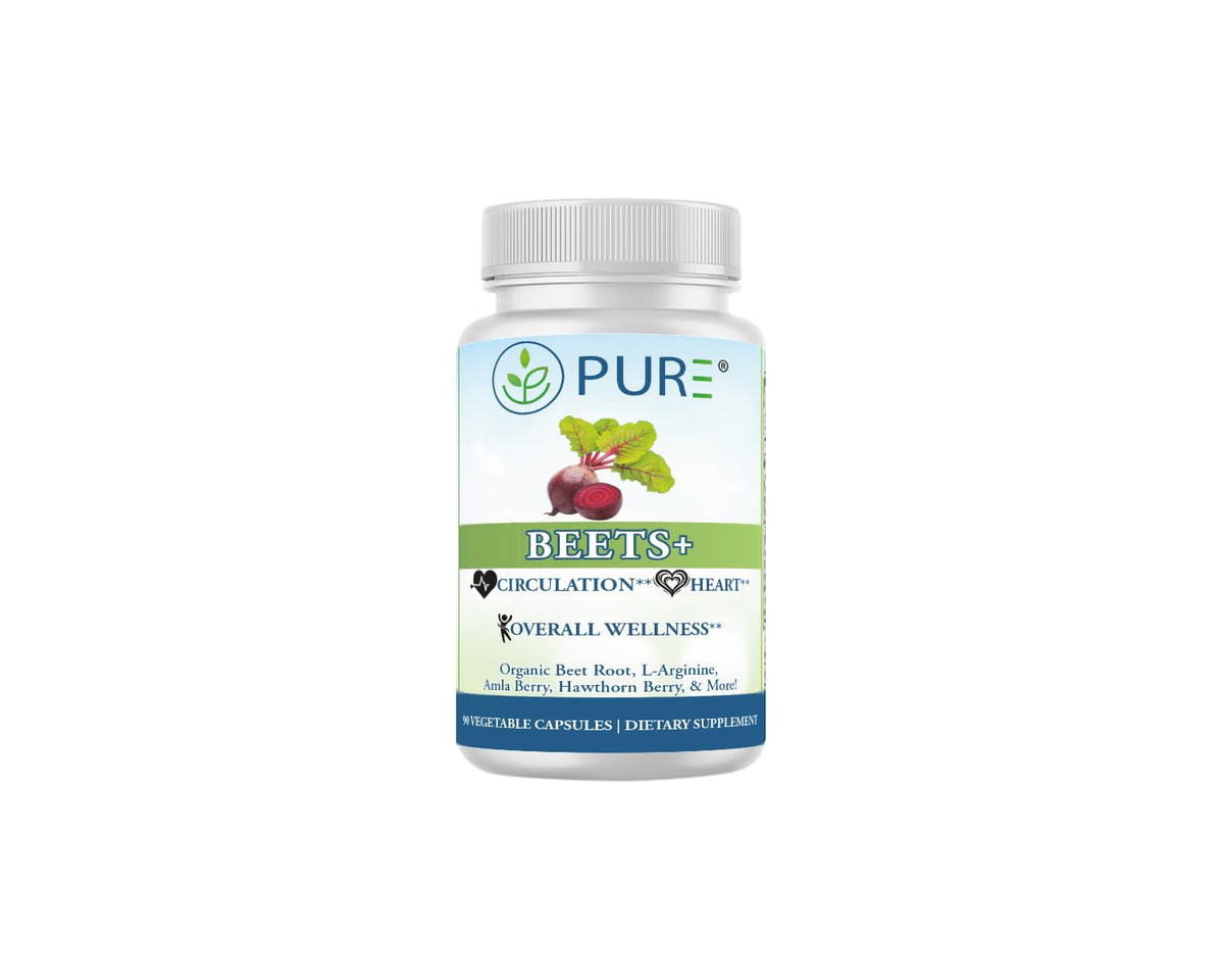 PURE® Beets+ Organic Beet Root Capsules - 900mg - 90 Count, 30 Servings - Blood Pressure & Circulation Support Supplement - with L-Arginine, Hawthorn Berry & B12 - Cardiovascular Health - Made in USA - Maple Wellness Supplements