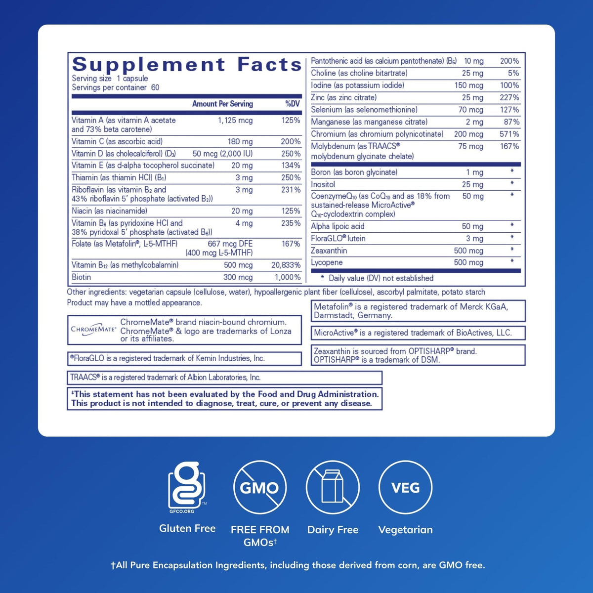 Pure Encapsulations O.N.E. Multivitamin - Once Daily Multivitamin with Antioxidant Complex Metafolin, CoQ10, and Lutein to Support Vision, Cognitive Function, and Cellular Health* - 60 Capsules - Maple Wellness Supplements