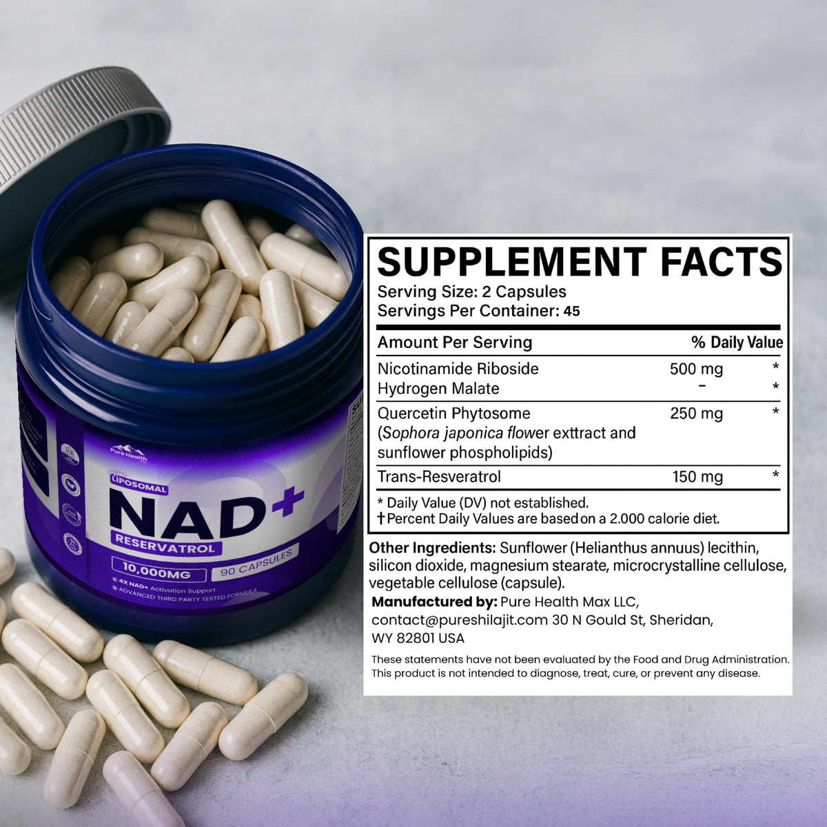 PURE HEALTH MAX PHM NAD Resveratrol Supplement - 10,000MG Extra Strength | NAD+ Liposomal Supplements for Men and Women | NMN & NMNH Alternative | 90 Capsules, 1.5 Months Supply - Maple Wellness Supplements