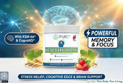 PURE® Healthy Brain Nootropic Powder - 30 Servings - 1.25g Lion’s Mane, 600mg Alpha-GPC & KSM-66® Ashwagandha - Cognitive Support for Memory, Focus & Stress Relief - 147 Grams, Strawberry Flavor! - Maple Wellness Supplements