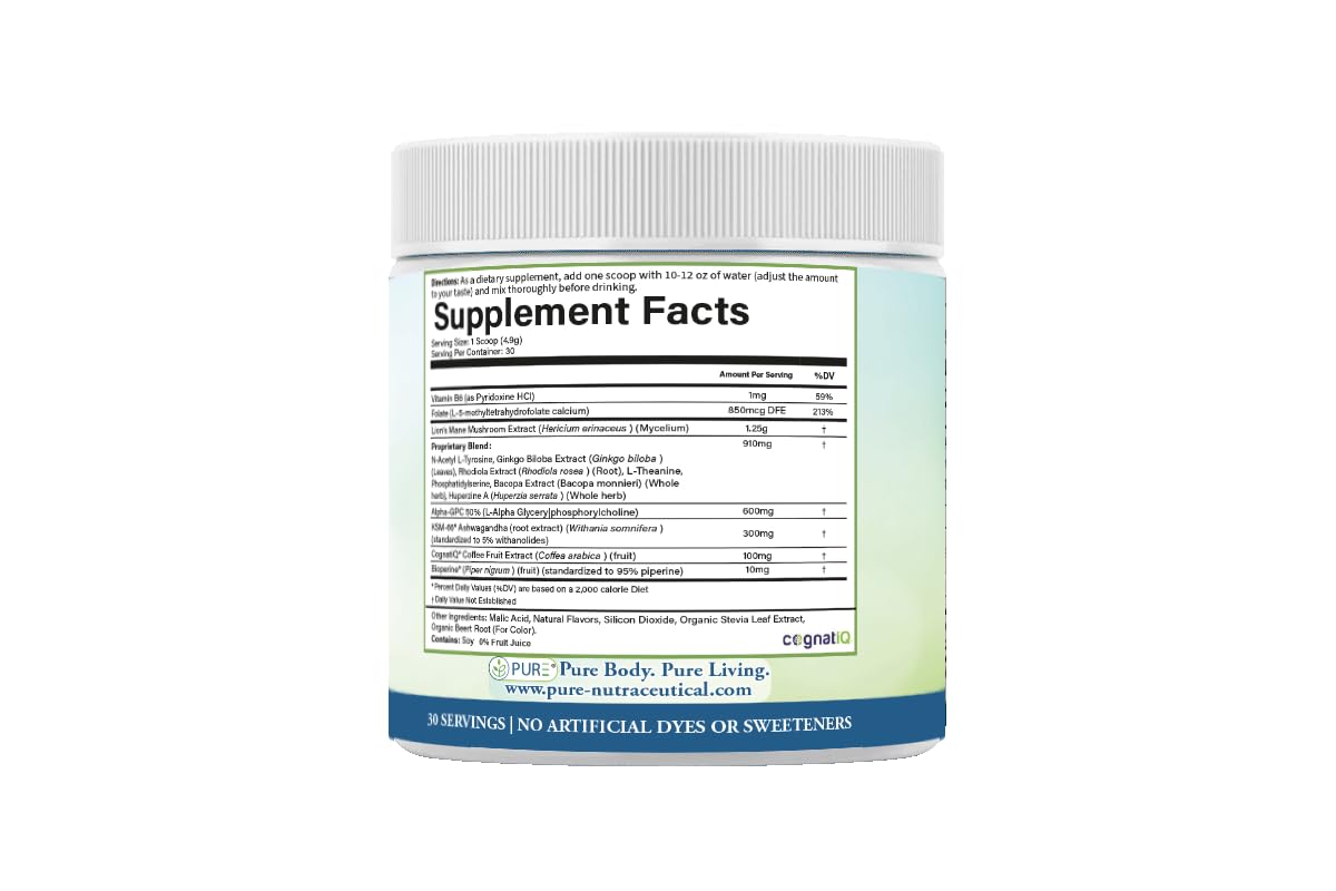 PURE® Healthy Brain Nootropic Powder - 30 Servings - 1.25g Lion’s Mane, 600mg Alpha-GPC & KSM-66® Ashwagandha - Cognitive Support for Memory, Focus & Stress Relief - 147 Grams, Strawberry Flavor! - Maple Wellness Supplements