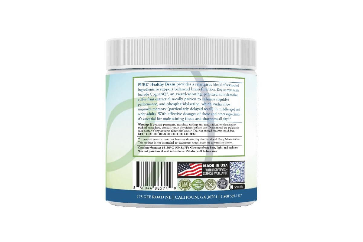 PURE® Healthy Brain Nootropic Powder - 30 Servings - 1.25g Lion’s Mane, 600mg Alpha-GPC & KSM-66® Ashwagandha - Cognitive Support for Memory, Focus & Stress Relief - 147 Grams, Strawberry Flavor! - Maple Wellness Supplements