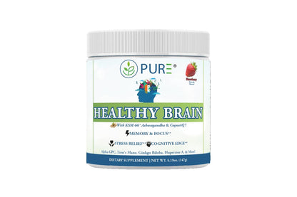 PURE® Healthy Brain Nootropic Powder - 30 Servings - 1.25g Lion’s Mane, 600mg Alpha-GPC & KSM-66® Ashwagandha - Cognitive Support for Memory, Focus & Stress Relief - 147 Grams, Strawberry Flavor! - Maple Wellness Supplements