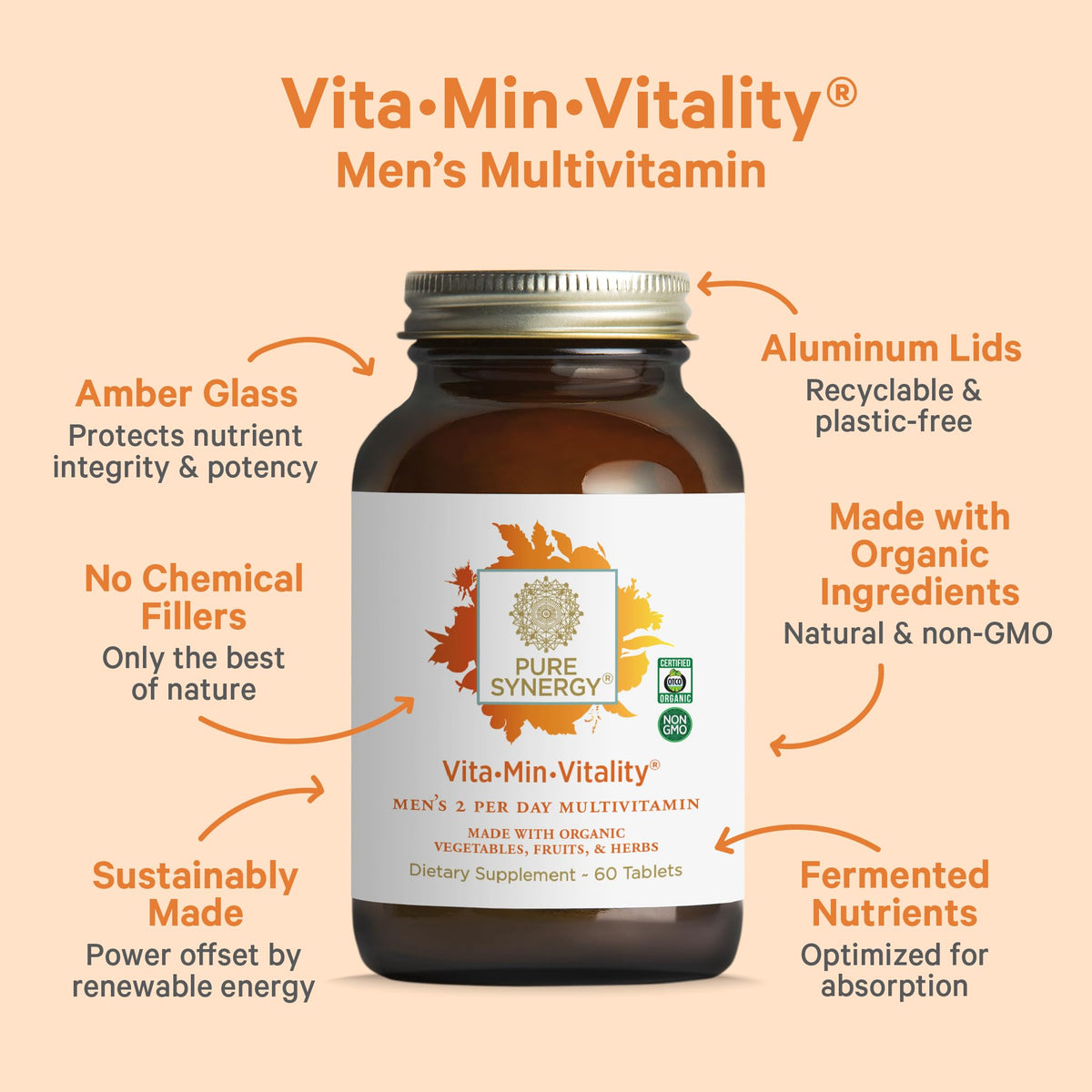 PURE SYNERGY Vita·Min·Vitality | Natural Multivitamin for Men | Men’s Daily Multivitamin Made with Organic Whole Foods | for Energy, Stress, and Immune Support (60 Tablets) - Maple Wellness Supplements