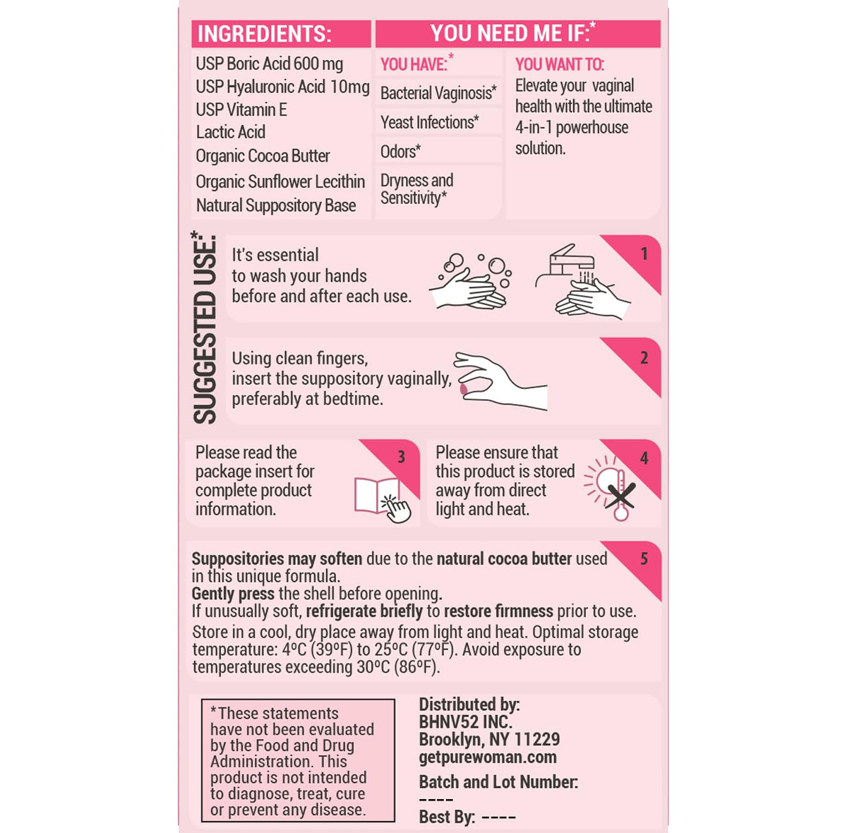 PURE WOMAN - pH-ighter Vaginal Boric Acid Suppositories for Women - Hyaluronic Acid - 4 in 1 Vaginal Suppositories for Discomfort, Dryness, Odor & pH Balance- Full Vaginal Health Care - 5pk - Maple Wellness Supplements