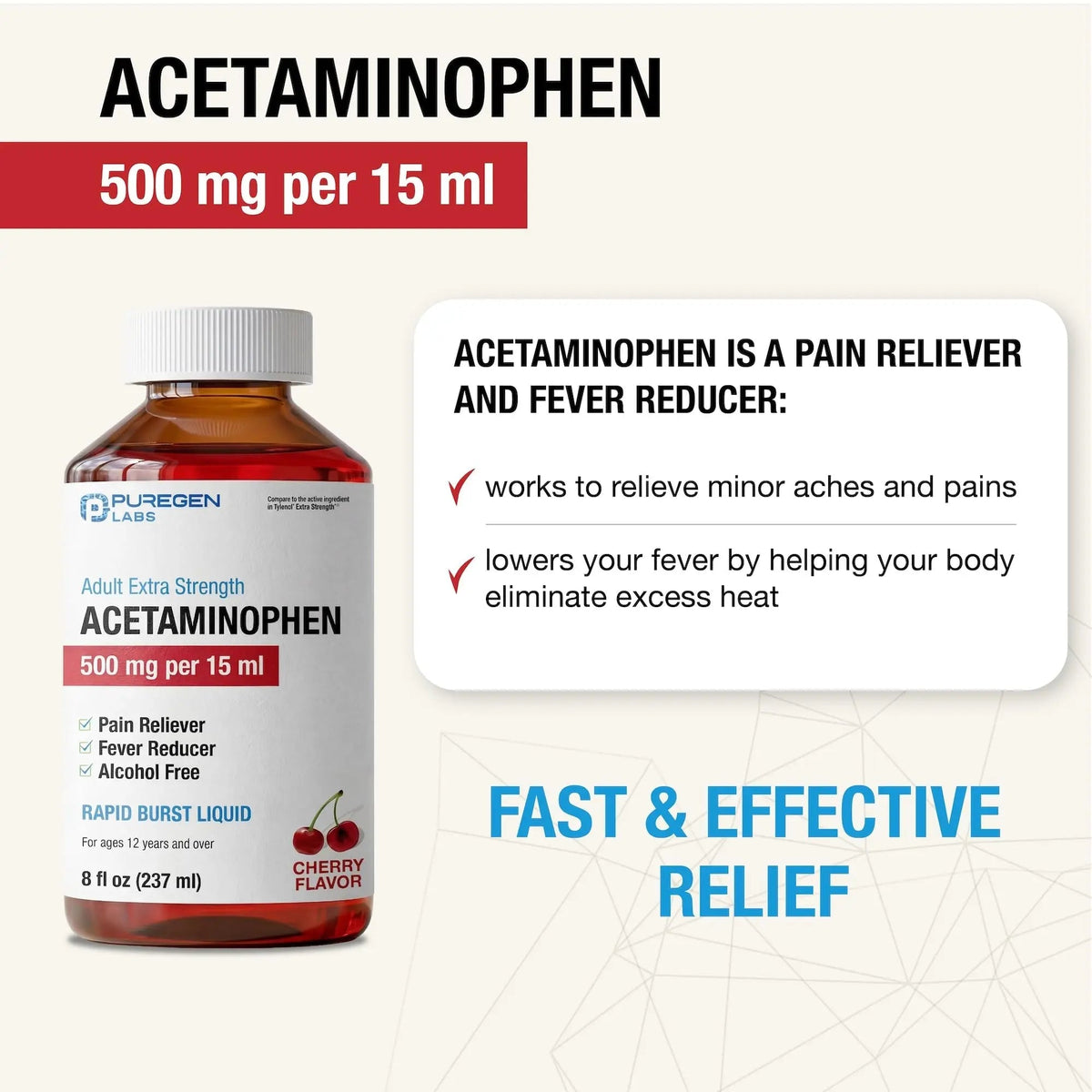 Puregen Labs Adult Extra Strength Acetaminophen Liquid 500mg/15ml - 8 fl oz Rapid Burst Pain Reliever/Fever Reducer, Cherry Flavor | Muscle & Joint Pain Relief | Arthritis Pain Relief - Maple Wellness Supplements