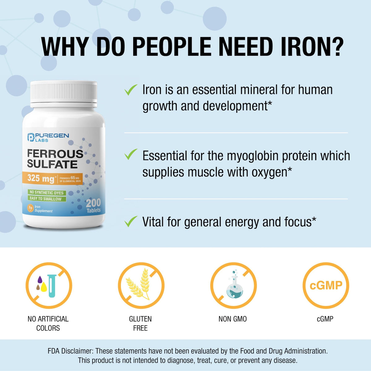 Puregen Labs Ferrous Sulfate 325 mg (65 mg Elemental Iron) High Potency Iron Supplement | No Artificial Color Additives - 200 Tablets - Maple Wellness Supplements