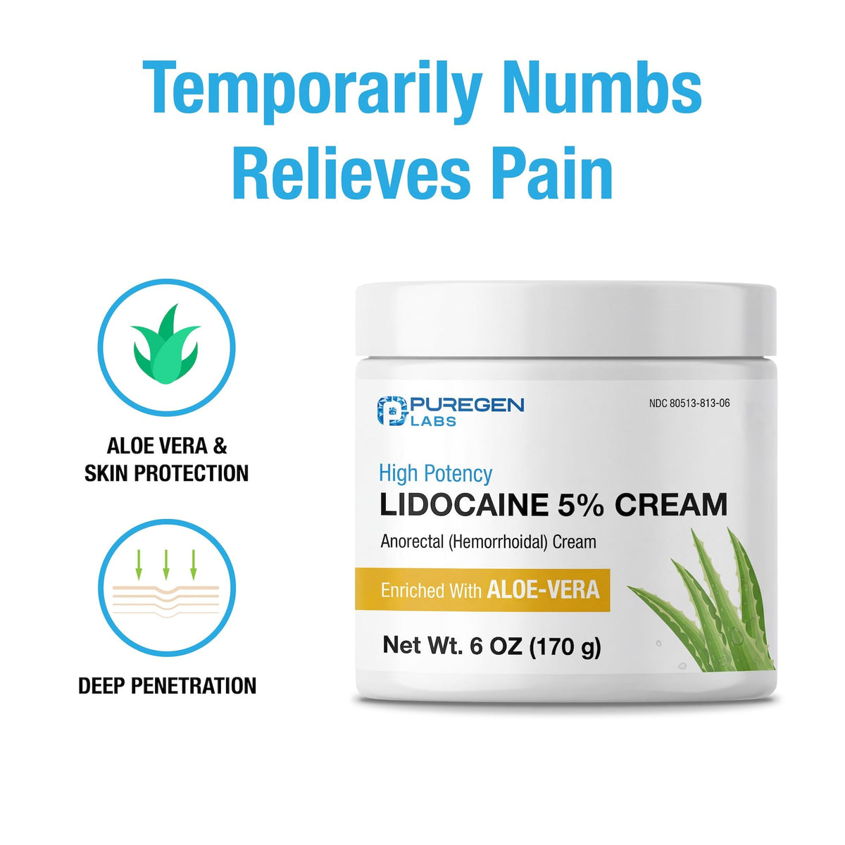 Puregen Labs Lidocaine 5% Anorectal (hemorrhoidal) Cream Maximum Strength | Enriched with Aloe-Vera | 6 Oz - Maple Wellness Supplements
