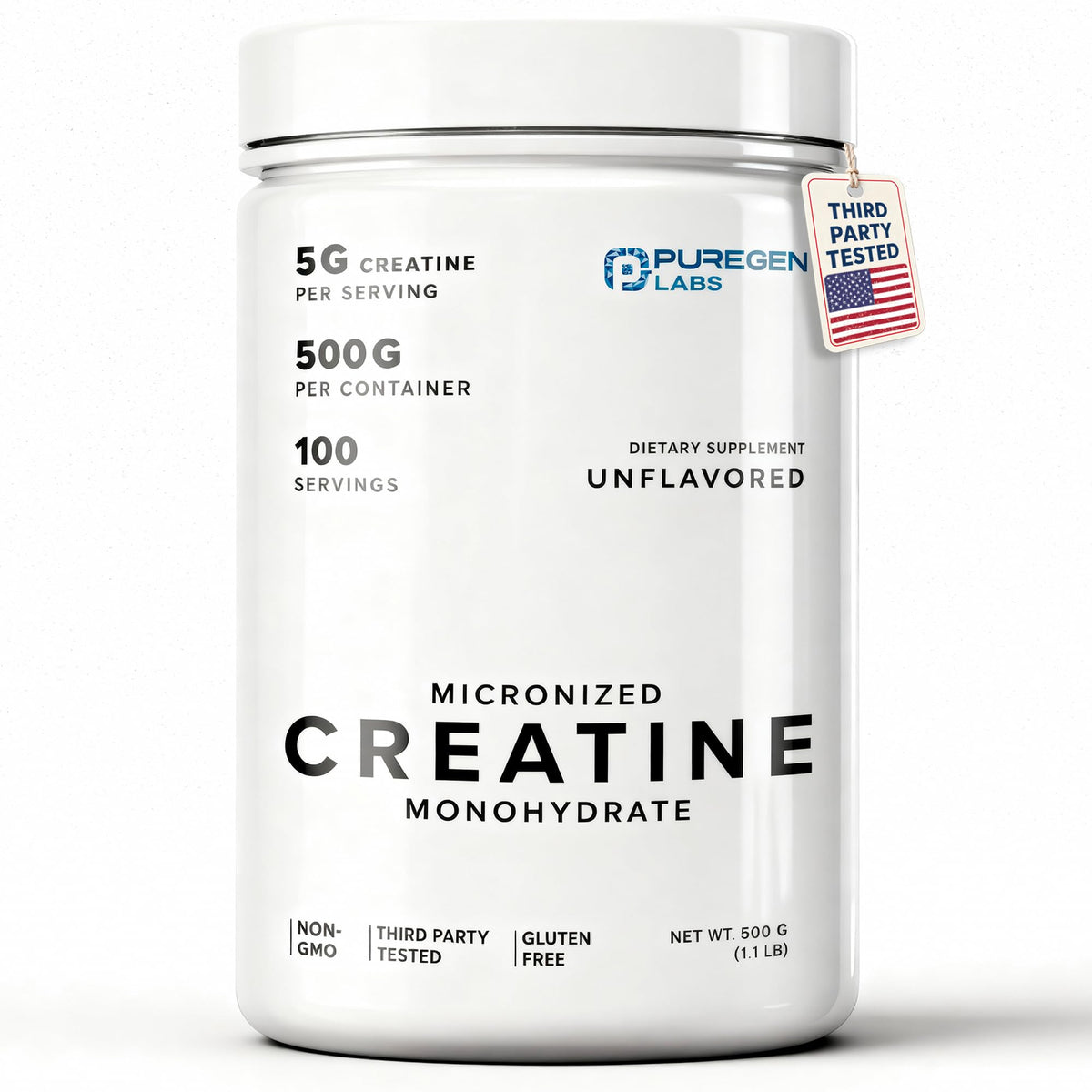 Puregen Labs Micronized Creatine Monohydrate Powder 500g – Pure, Unflavored, No Additives | 5000mg Per Serv (5g) - 100 Servings | Third Party Tested for Quality - Maple Wellness Supplements