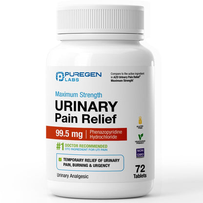 Puregen Labs Urinary Pain Relief | Phenazopyridine HCl 99.5mg Tablets | Maximum Strength OTC for Fast Relief of UTI Pain, Burning and Bladder discomfort – 72 Count Tablets - Maple Wellness Supplements