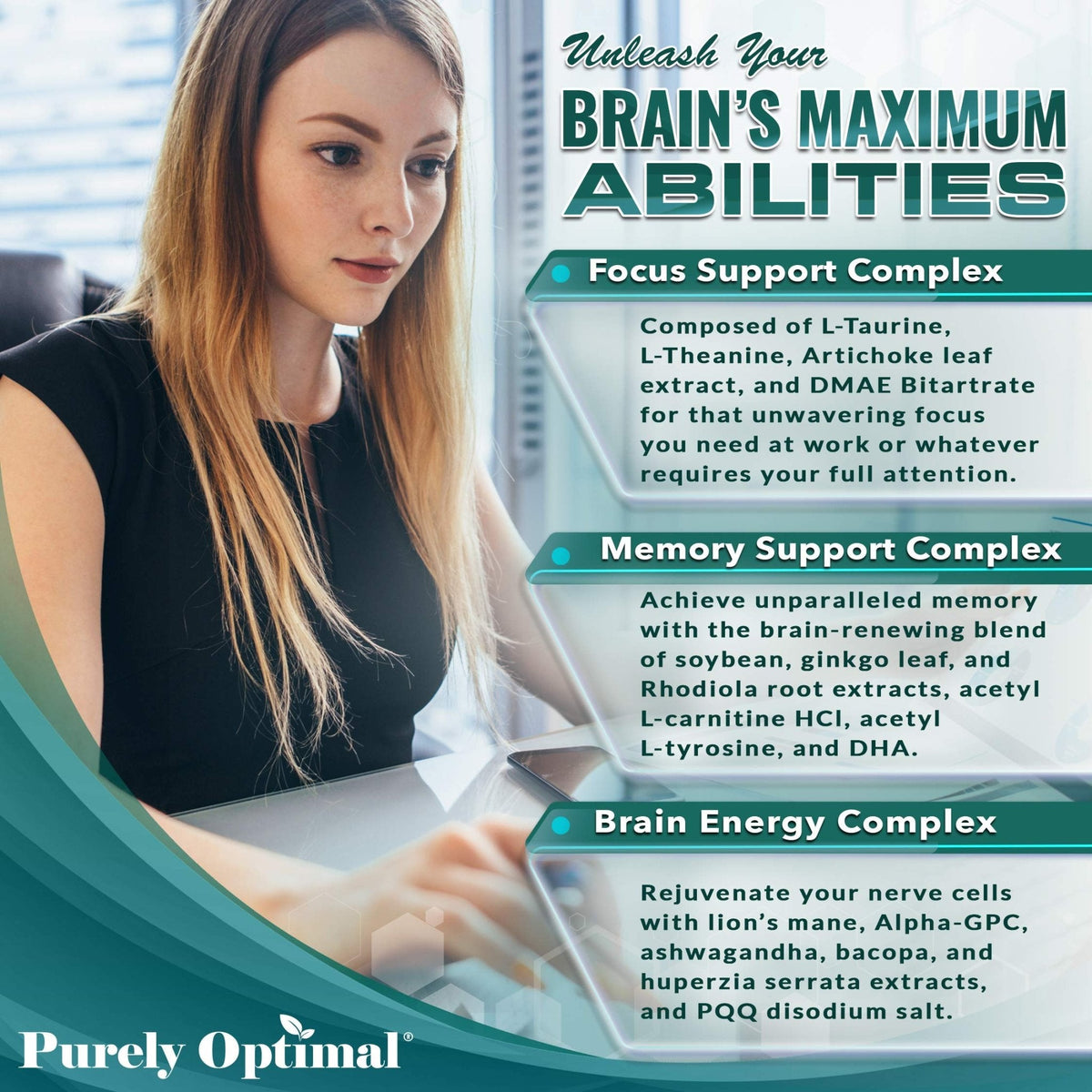 Purely Optimal Brain Booster Nootropic Supplement – Brain Support for Memory, Focus, Clarity, Jitter-Free Energy for Adults, Seniors– with Ginkgo Biloba, Alpha GPC, Lion’s Mane – 60 Capsules - Maple Wellness Supplements