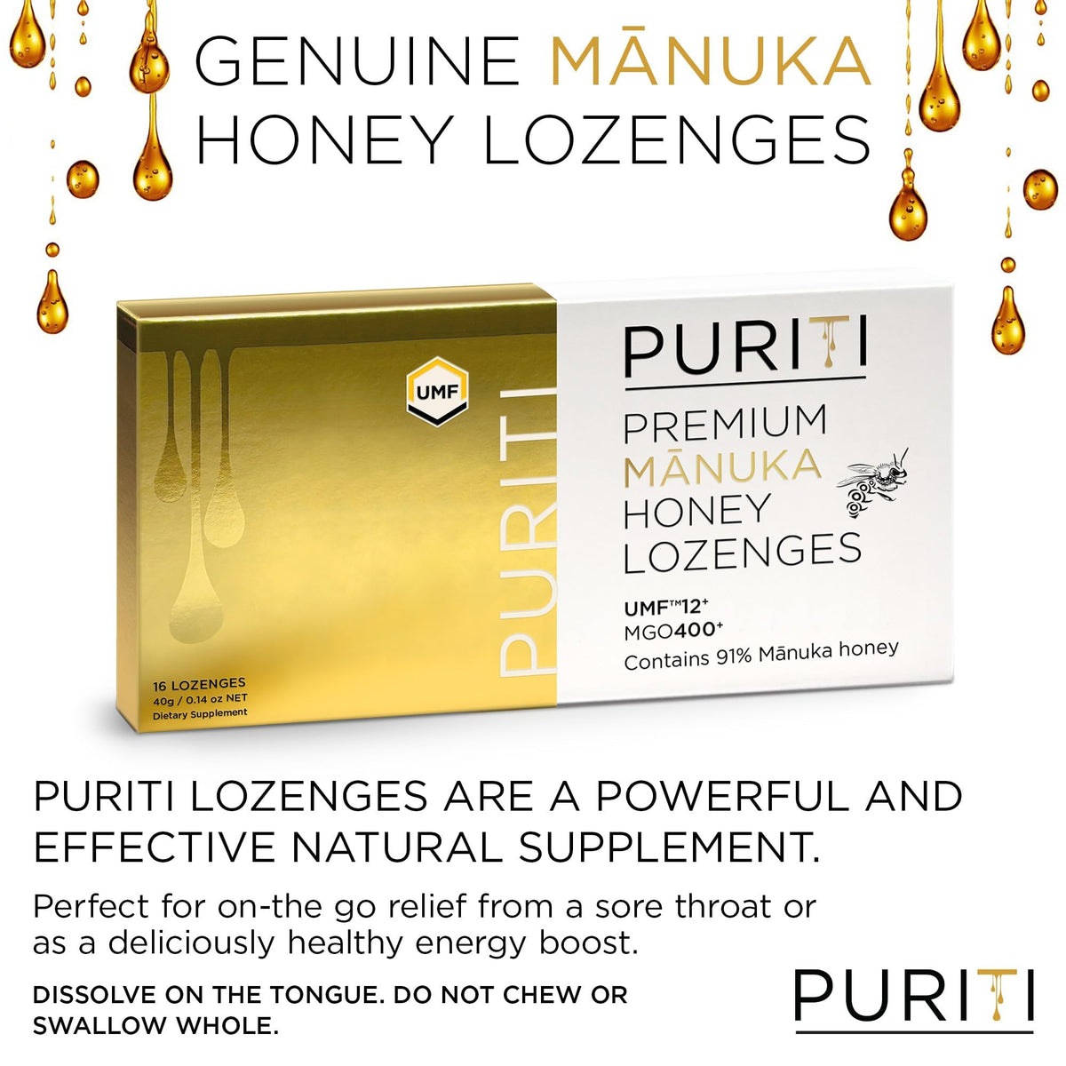 PURITI Premium Manuka Honey Lozenges High Potency - Sugar Free Drops | Genuine New Zealand Raw Manuka Honey Soothers for Coughs & Sore Throats | UMF Certified MGO 400+ UMF12+ (16 Pack) - Maple Wellness Supplements