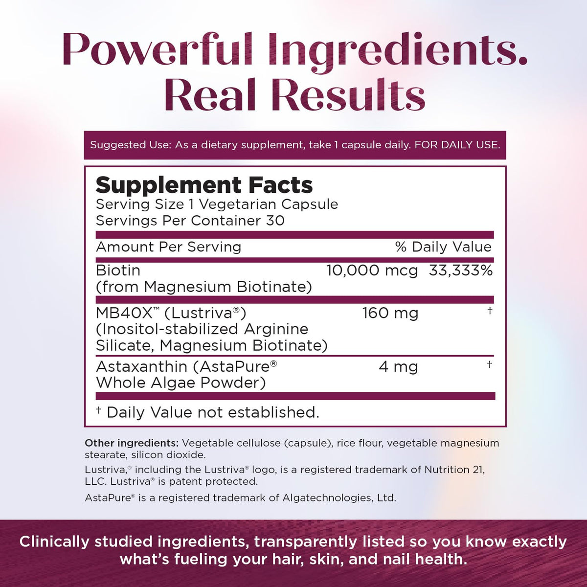 Purity Products MyBiotin ProClinical – Thicker Hair Starting in 3 Weeks & Fights Wrinkles - MB40X Patented Biotin Vitamin B7 Matrix w/Astaxanthin - Maple Wellness Supplements