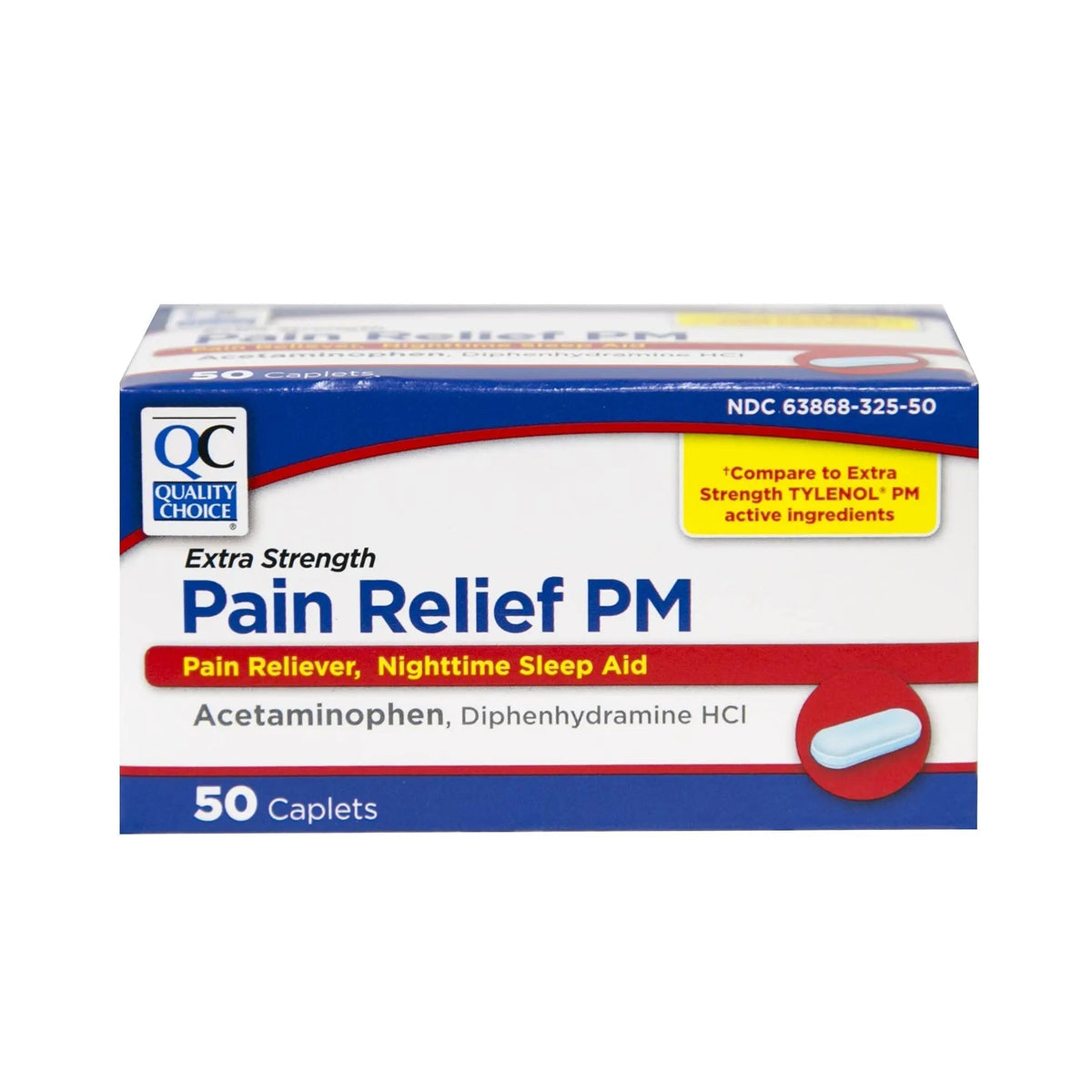 Quality Choice Extra Strength Pain Relief PM, Pain Reliever and Nighttime Sleep Aid, Acetaminophen 500 mg & Diphenhydramine HCI 25 mg (Sleep Aid), 50 Count Package of Caplets - Maple Wellness Supplements