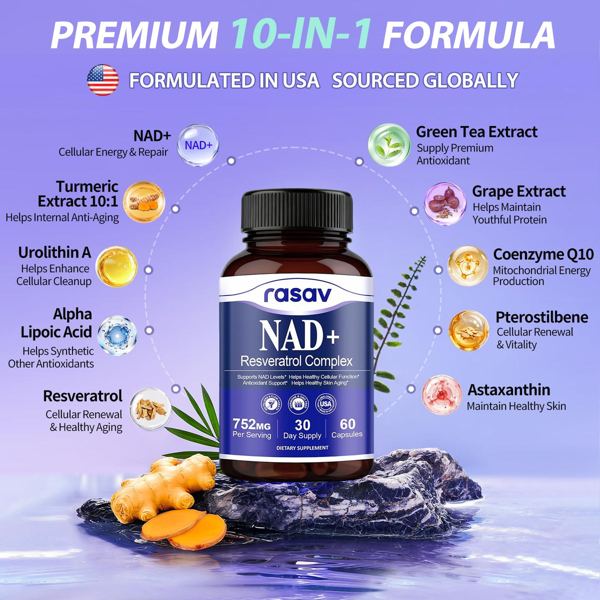 Rasav NAD Supplement 10-in-1 Extra Strength – NAD Resveratrol with CoQ10, Urolithin A, Green Tea Extract & ALA – NMN Supplement Alternative for Women & Men - Maple Wellness Supplements