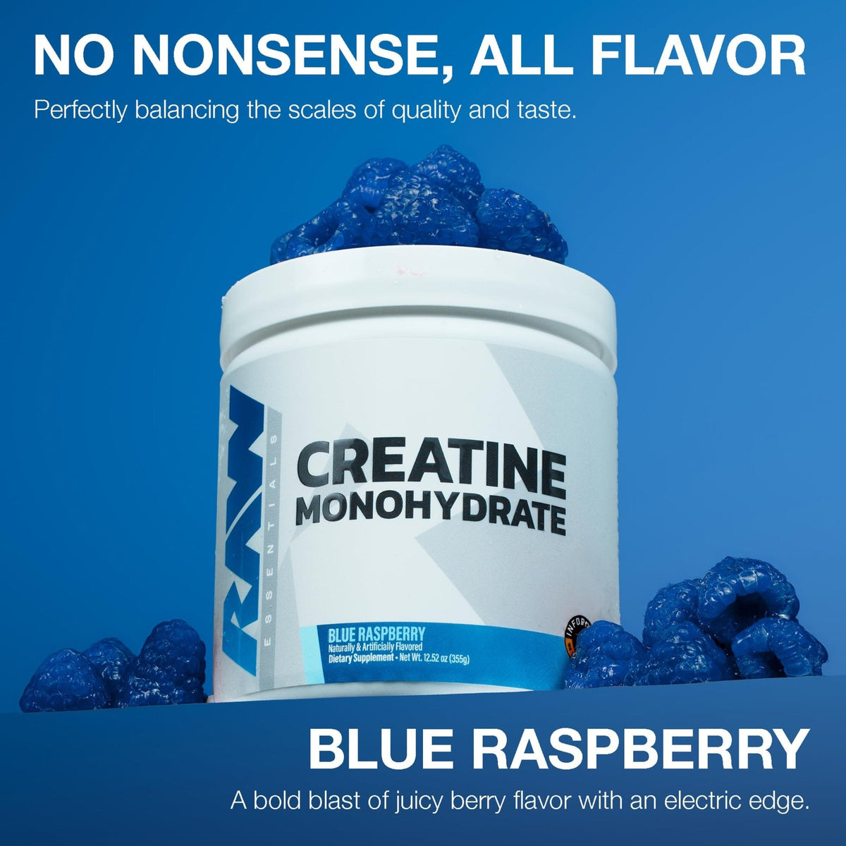 RAW Nutrition Creatine Monohydrate Powder, Blue Raspberry (30 Servings) - Micronized Creatine Monohydrate Supplement for Workout Performance, Build Muscle & Strength - Maple Wellness Supplements