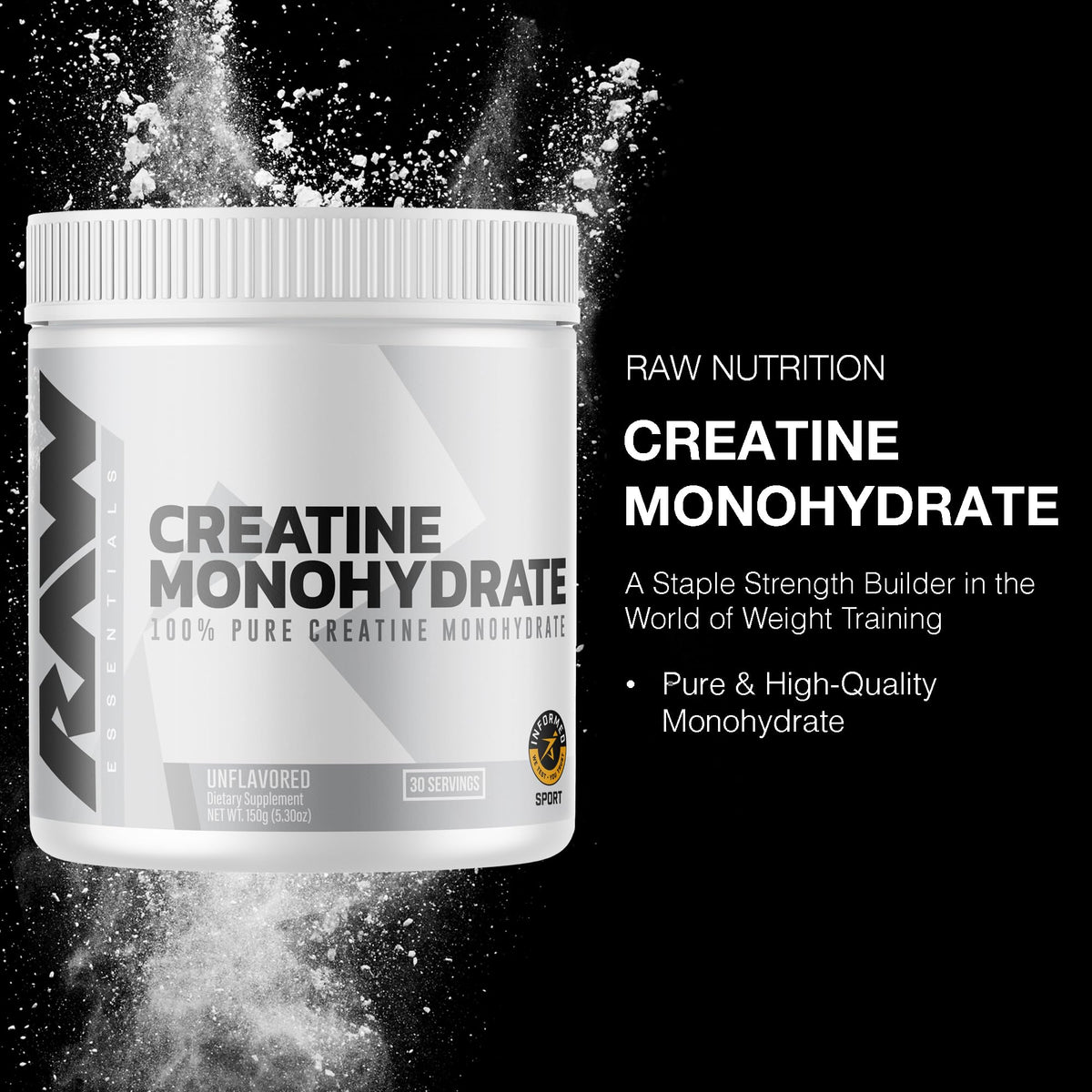 RAW Nutrition Creatine Monohydrate Powder, Unflavored (30 Servings) - Micronized Creatine Monohydrate Supplement for Workout Performance, Build Muscle & Strength - Maple Wellness Supplements