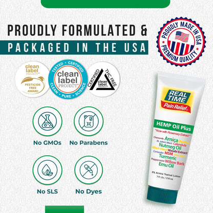 Real Time Pain Relief Hemp Oil Plus 7 oz Tube | 20 Natural Ingredients: 5% Arnica, Turmeric & More | Fast-Absorbing Lotion for Muscles, Hands, Feet, Ankles, Back, Shoulders & Knees - Maple Wellness Supplements