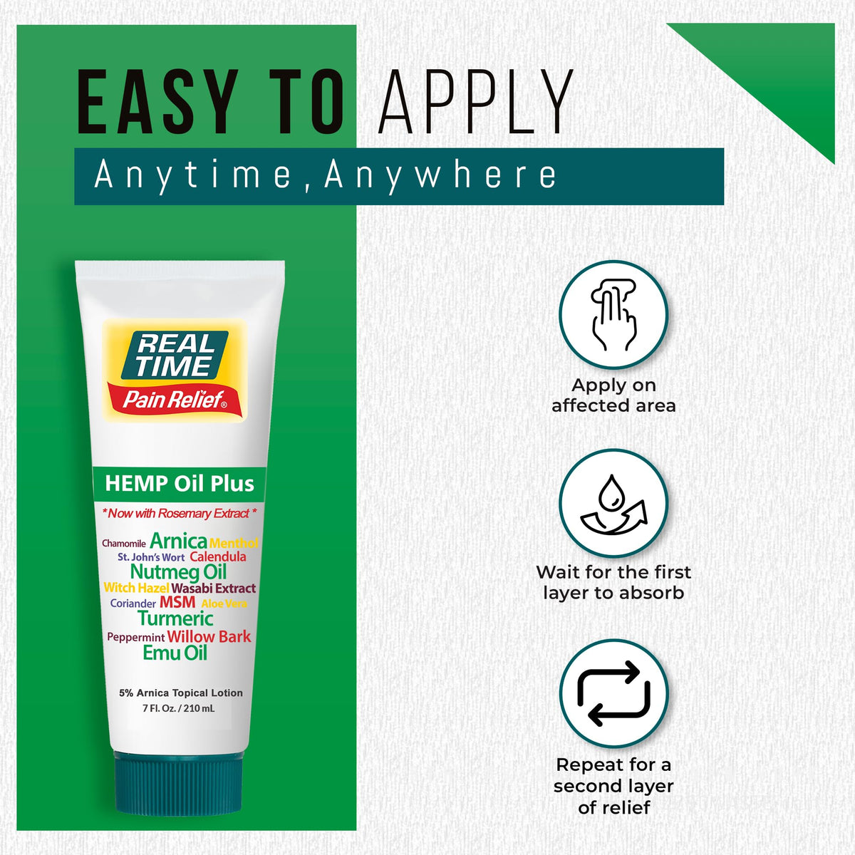 Real Time Pain Relief Hemp Oil Plus 7 oz Tube | 20 Natural Ingredients: 5% Arnica, Turmeric & More | Fast-Absorbing Lotion for Muscles, Hands, Feet, Ankles, Back, Shoulders & Knees - Maple Wellness Supplements