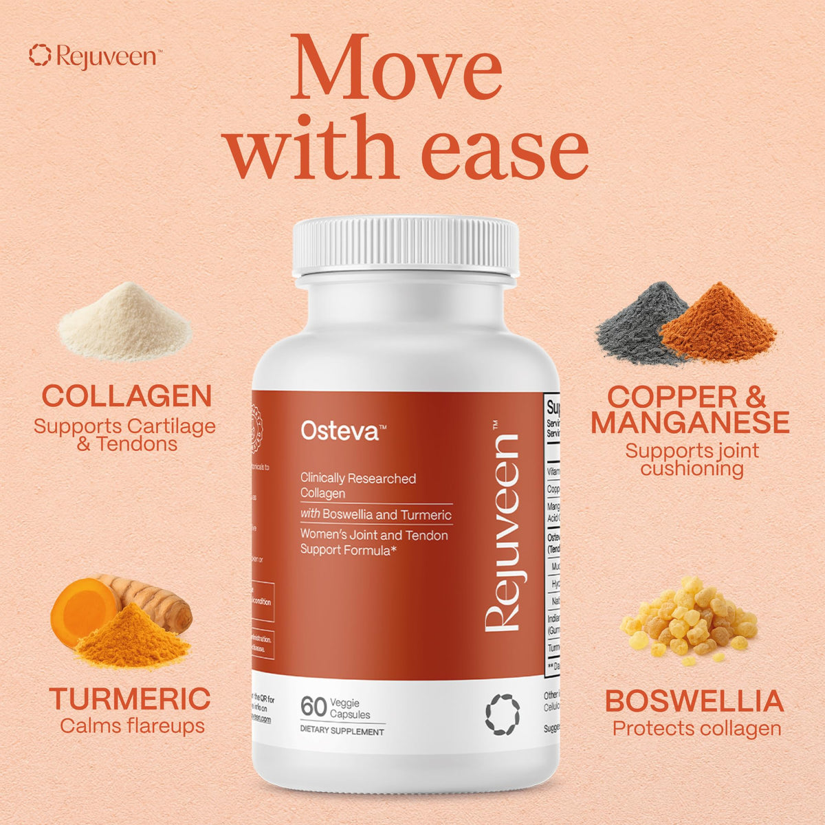 Rejuveen Osteva Joint Support Supplement for Women | High Potency Collagen, Turmeric, Boswellia | for Flexible Cartilage & Tendons, Resilient Knees & Hip, Improved Mobility | Non-GMO, 60 Ct - Maple Wellness Supplements