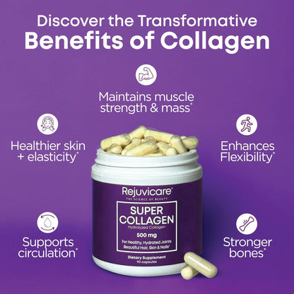 Rejuvicare Super Collagen 500 mg, Hydrolyzed Collagen Peptides for Hair, Skin & Nails, Beauty & Wellness Supplement, Supports Healthy Hydration & Elasticity, 180 Capsules, 2 Pack Value - Maple Wellness Supplements
