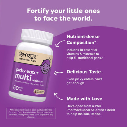 Renzo's Picky Eater Kids Multivitamin with Iron - Dissolvable Kids Vitamins with Iron, Zinc, Vitamin C, Vitamin D, E & K, Sugar-Free Melty Tabs, Cherry Flavor - Maple Wellness Supplements