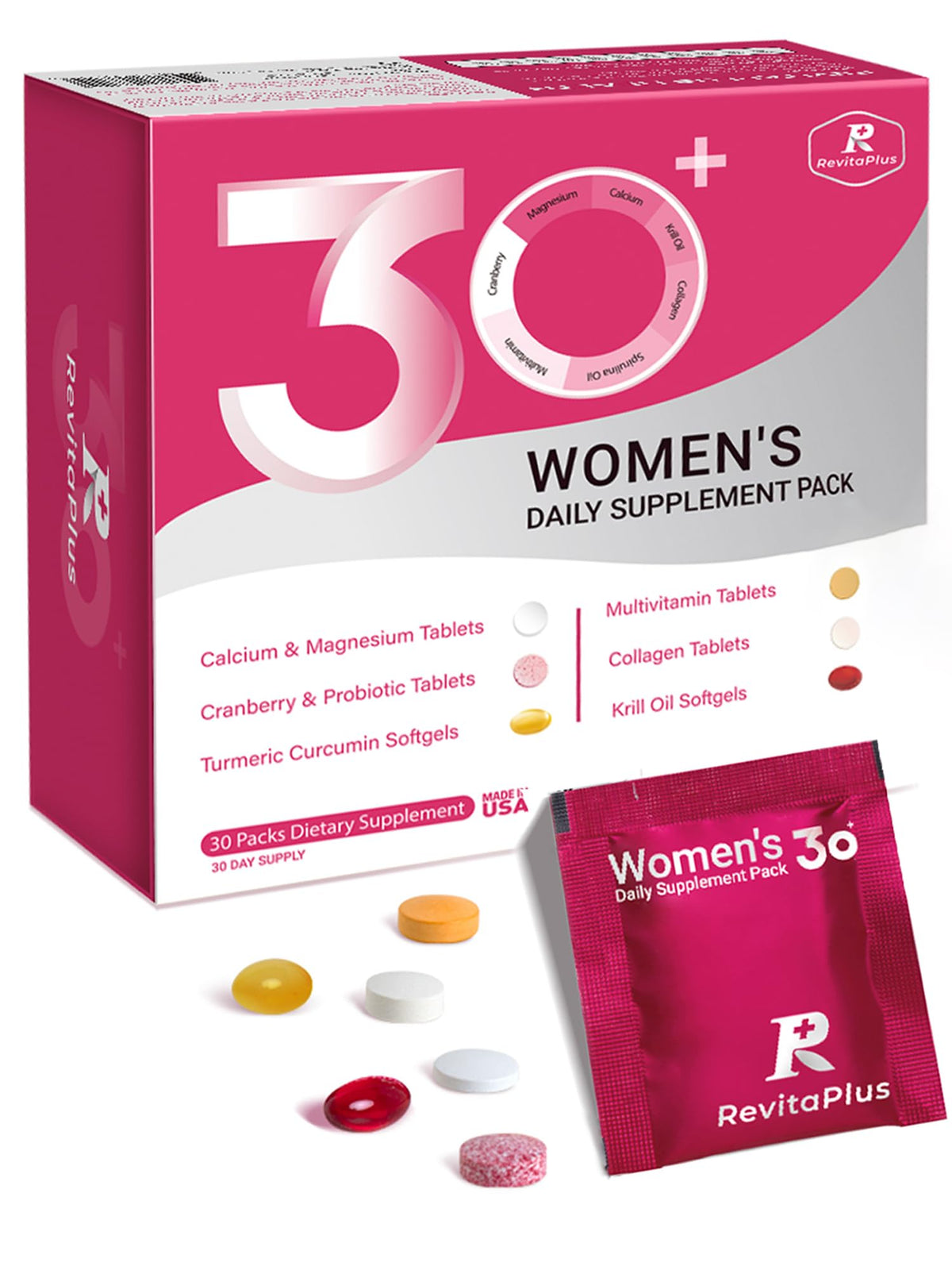 RevitaPlus Multivitamin for Women with Vitamin A,B,C,D3,E,K2,Biotin, Collagen,Krill Oil,Cranberries Supports Energy,Wellness,Beauty and Immune - Vitamin Packs for Women Health 30 Packs - Maple Wellness Supplements